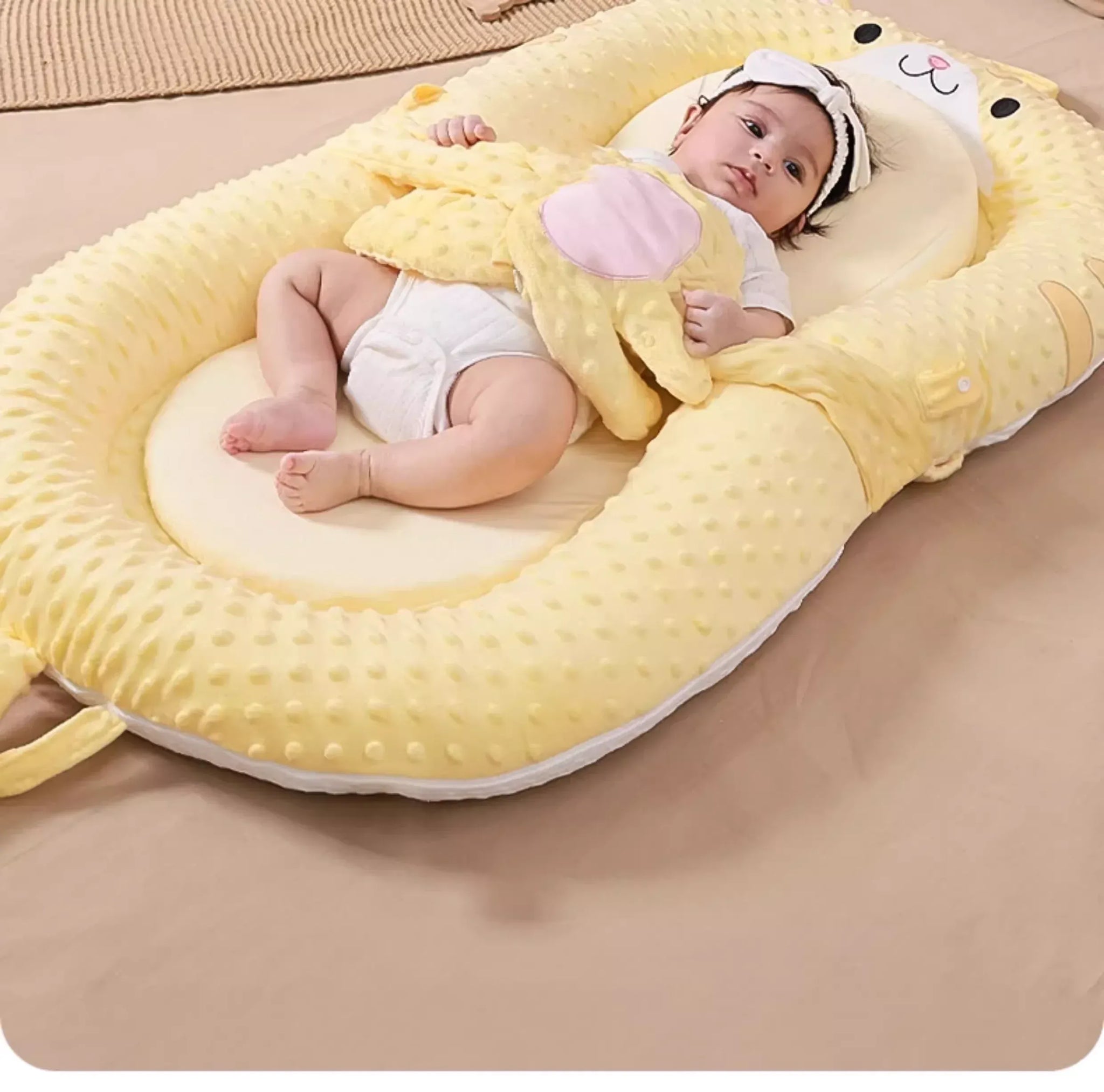 Newborn resting in yellow cat baby soothing bed