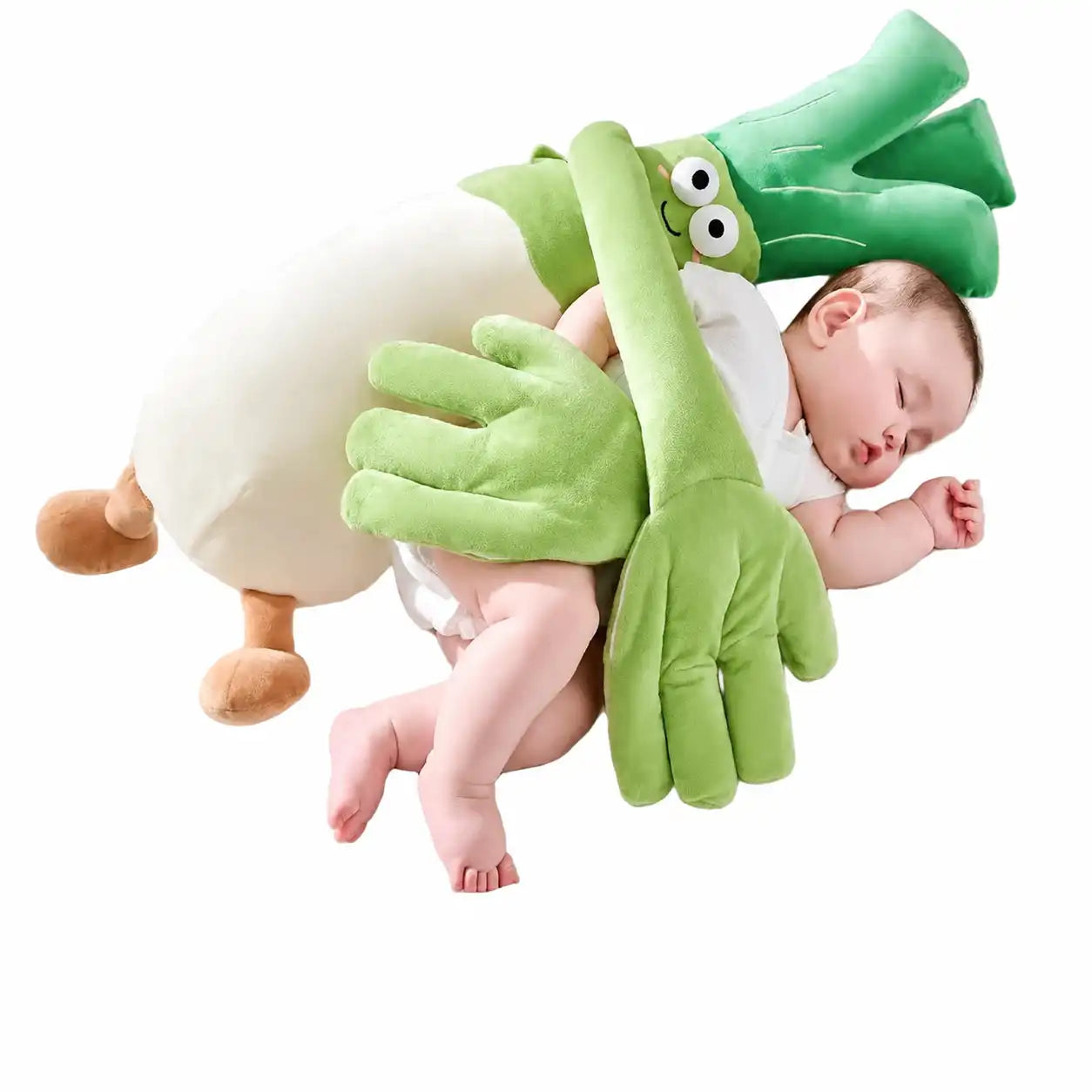 o sleeping baby doll with scallion design hugging newborn
