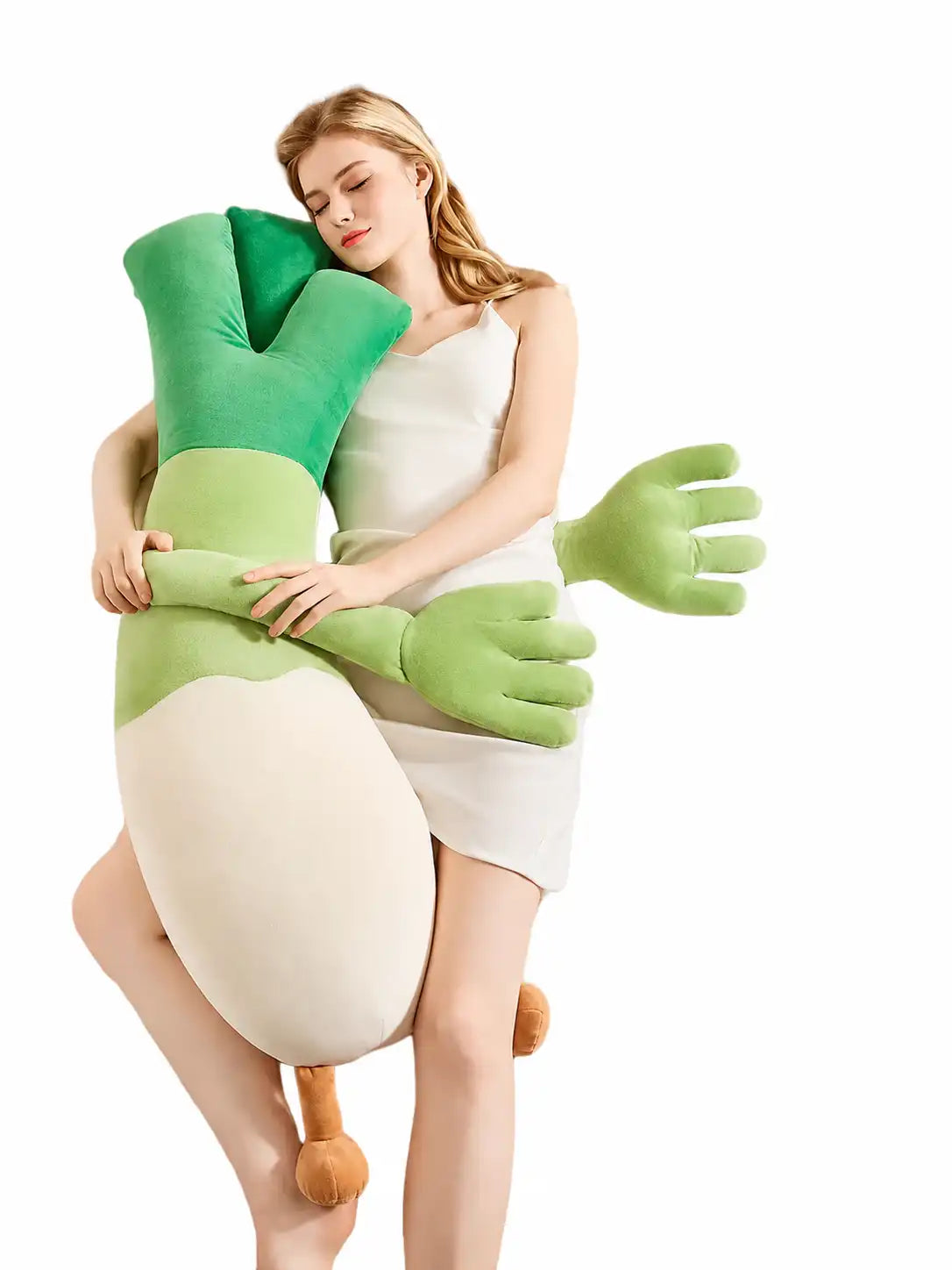 Mother holding soft green plush sleep toy