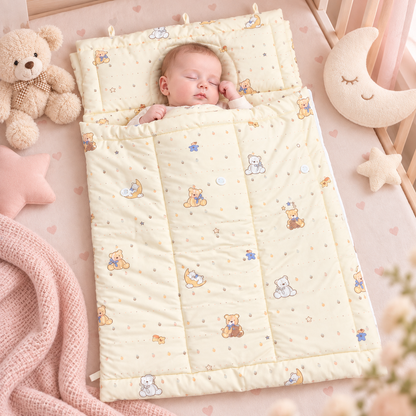 Sleeping baby on moon bear newborn sleeping quilt with soft pink background