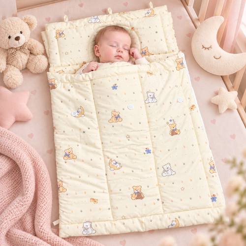 Sleeping baby on moon bear newborn sleeping quilt with soft pink background