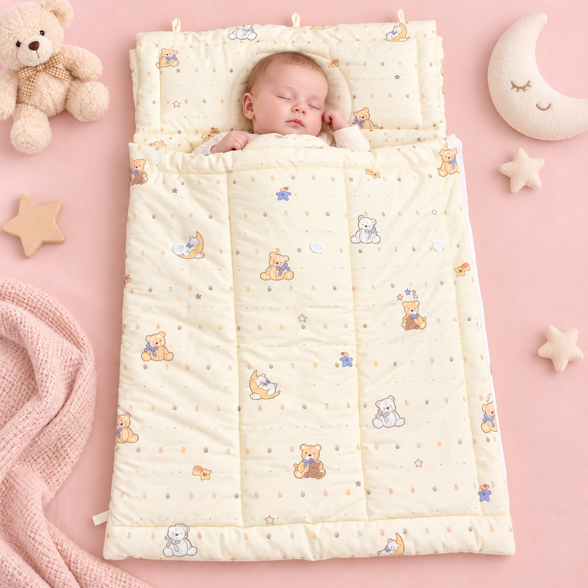 Mother caring for baby resting on moon bear newborn sleeping quilt