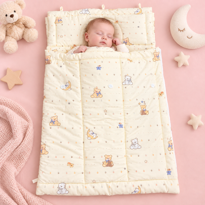 Mother caring for baby resting on moon bear newborn sleeping quilt