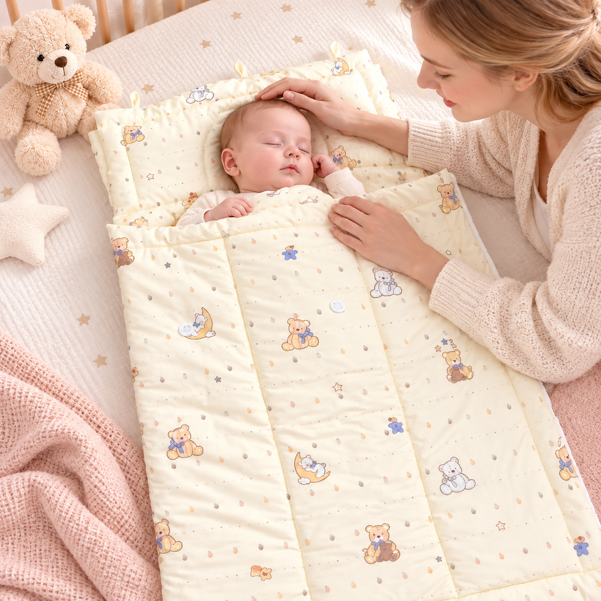 Moon bear newborn sleeping quilt in a cozy nursery scene with sleeping infant