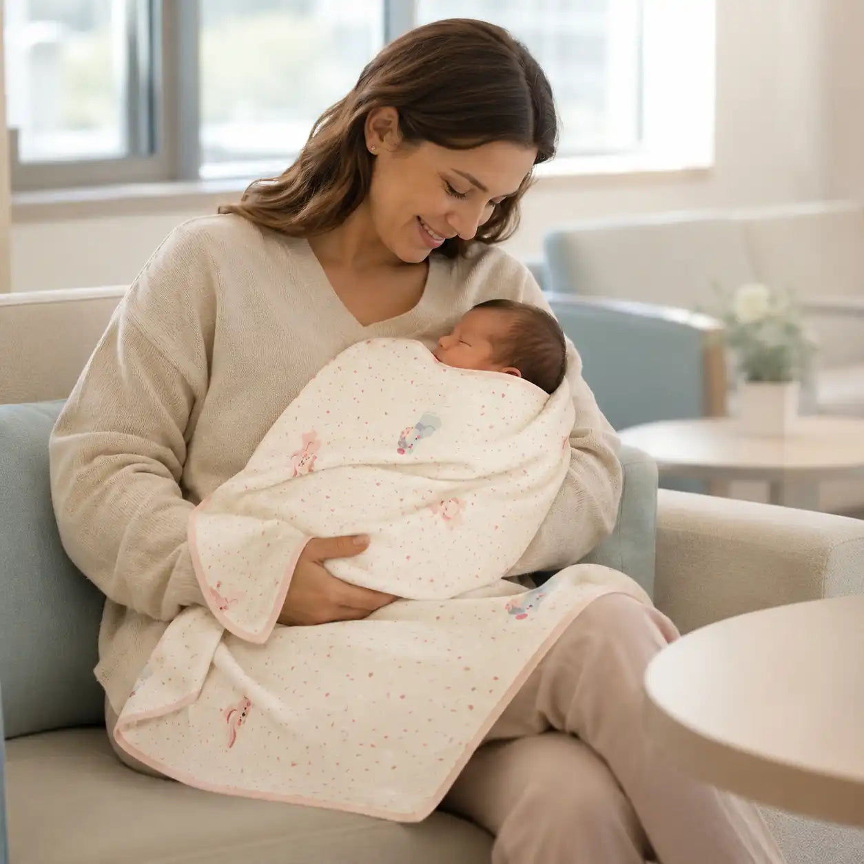 100% organic knit cotton baby swaddle blanket with cute cartoon pattern draped over a wooden newborn crib