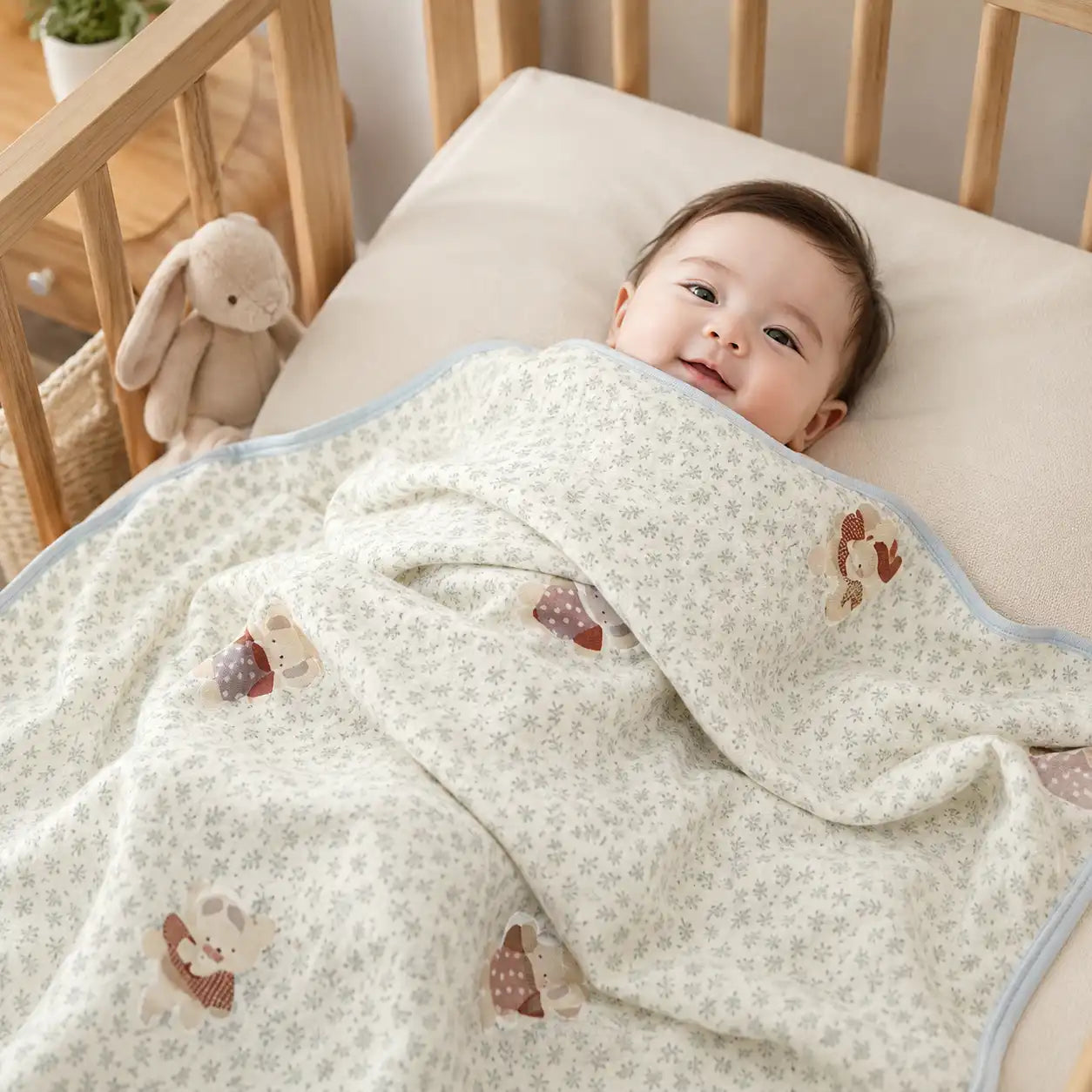 100% organic knit cotton baby swaddle blanket with cute cartoon pattern draped over a wooden newborn crib