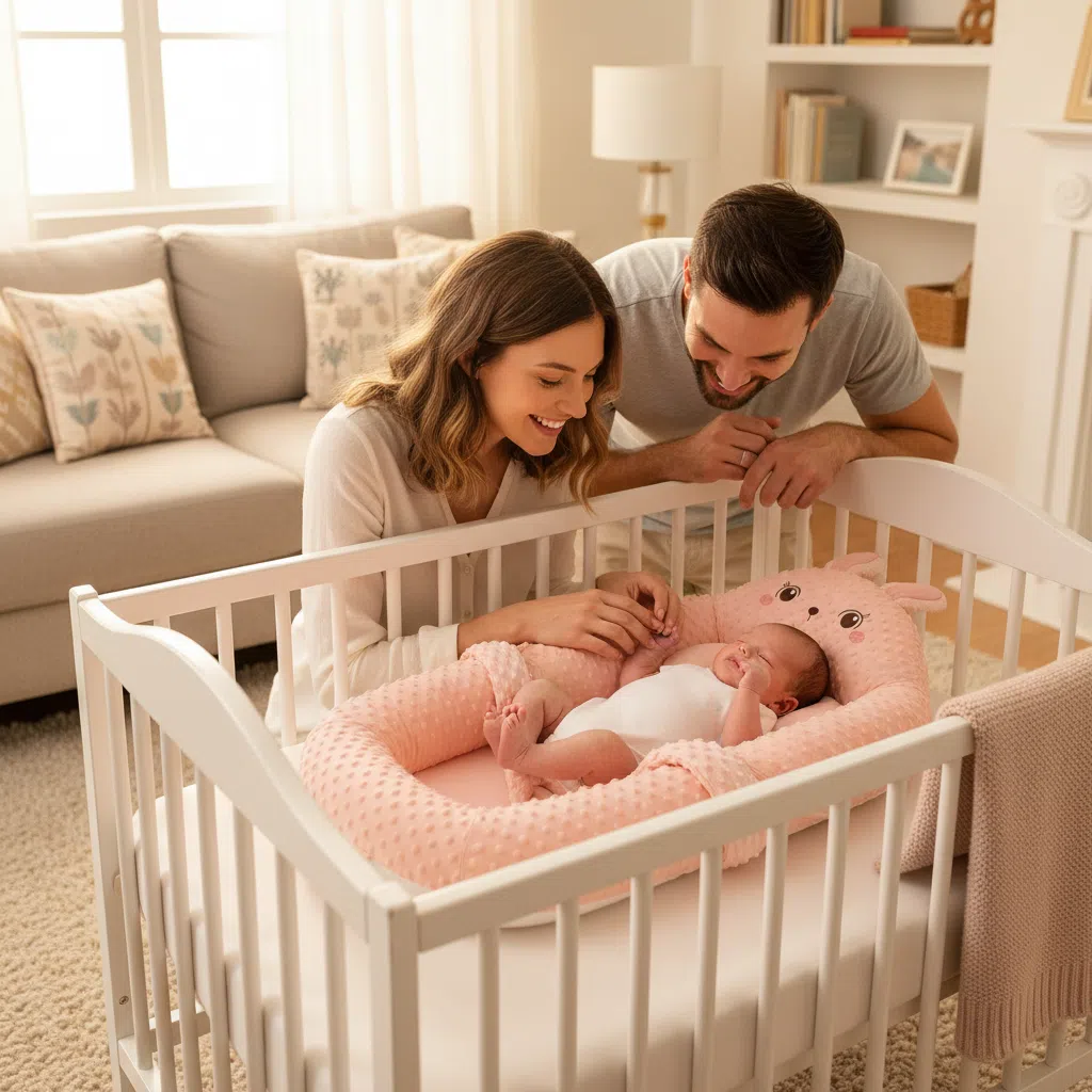 Smart patting baby lounger placed in adult crib for safe co-sleeping