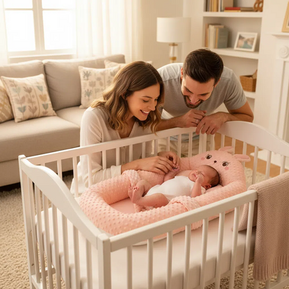 Smart patting baby lounger placed in adult crib for safe co-sleeping