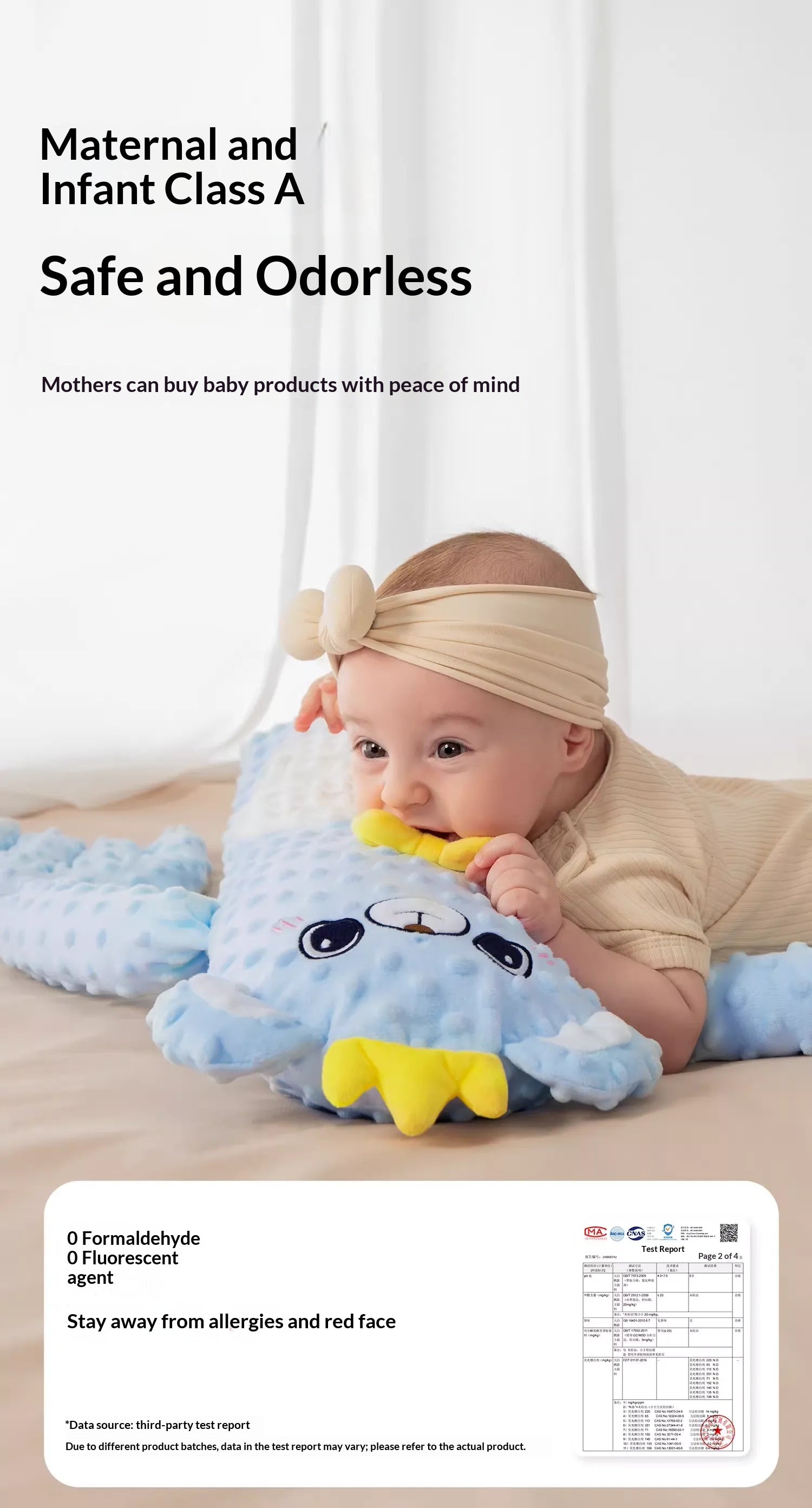 Soft sensory fabric details on interactive sensory soothing plush toy